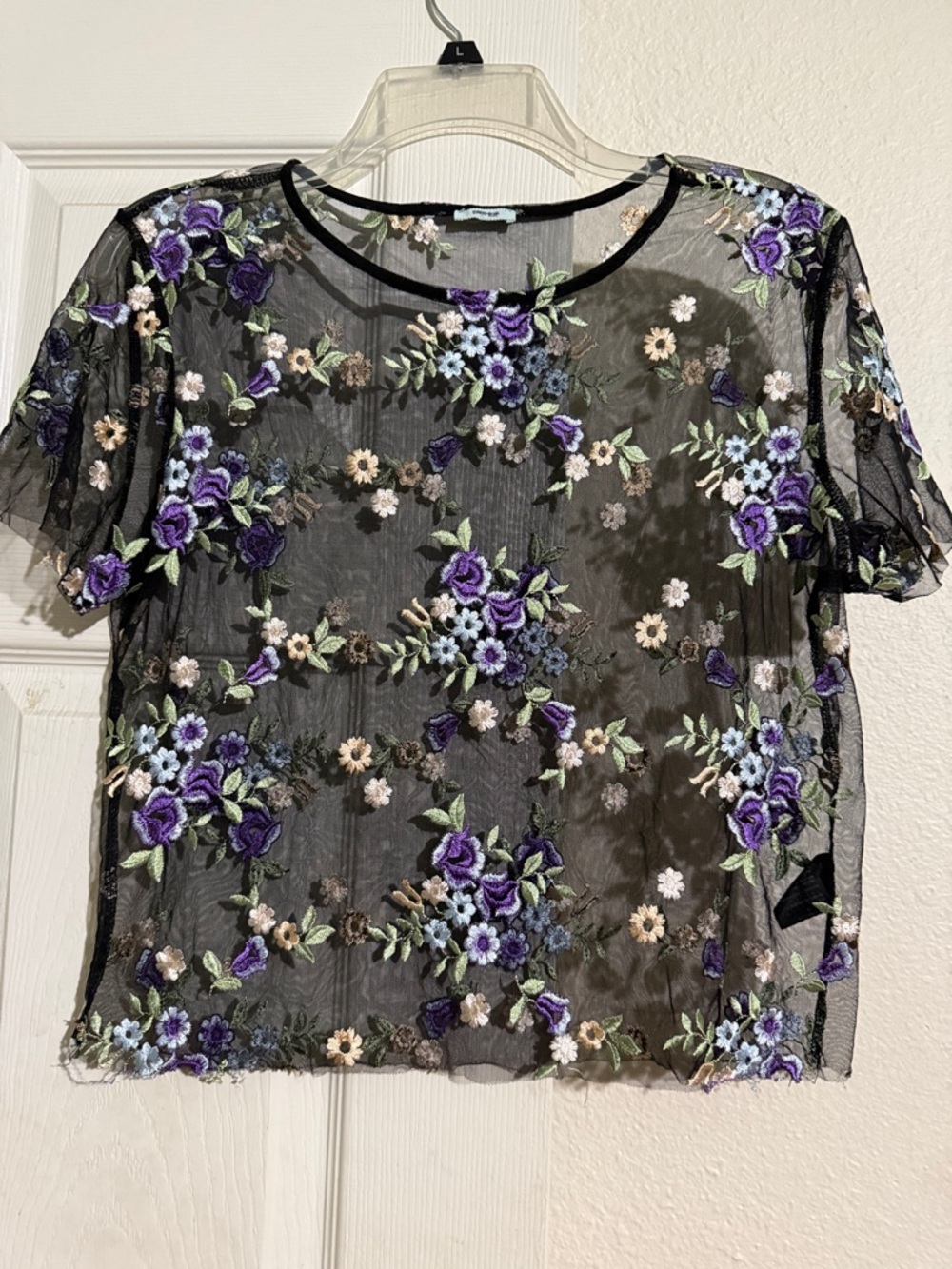 Kimchi Blue Black Sheer Embroidered Floral Crop Top with Purple Accents
